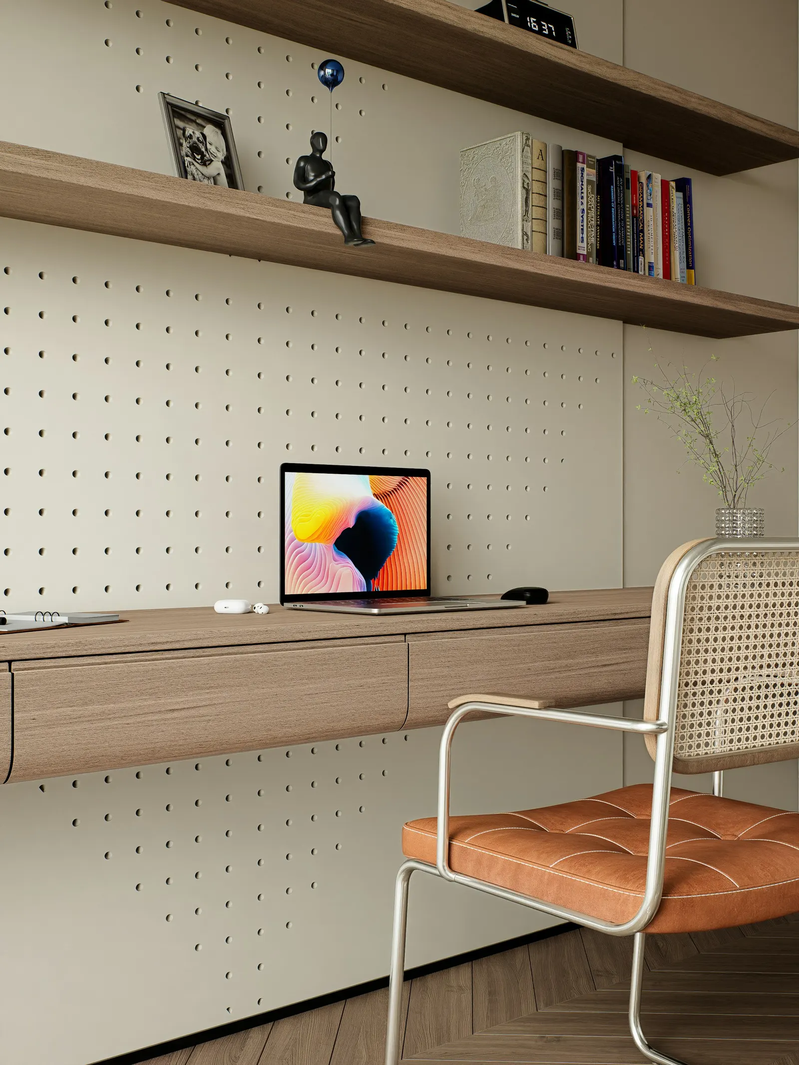 A laptop on a wooden desk in a quiet workspace